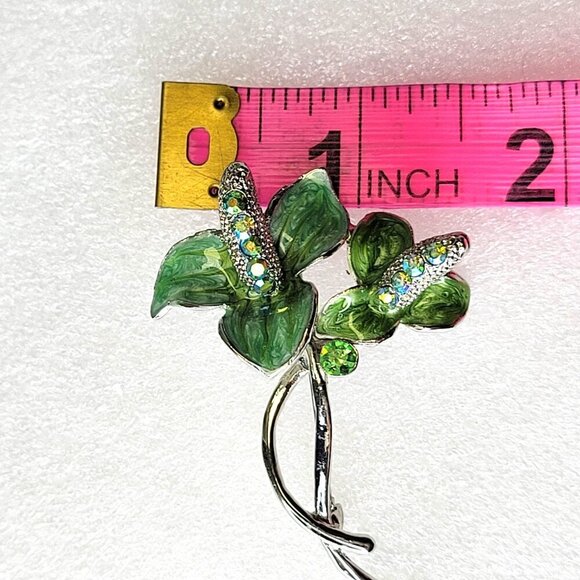 Vintage Rhinestone Floral Brooch Sparkling Green Leaves - Picture 8 of 12